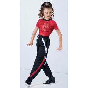 Weissman | All the Way Up Two Piece Red Sequin Leotard and Black Joggers, MC